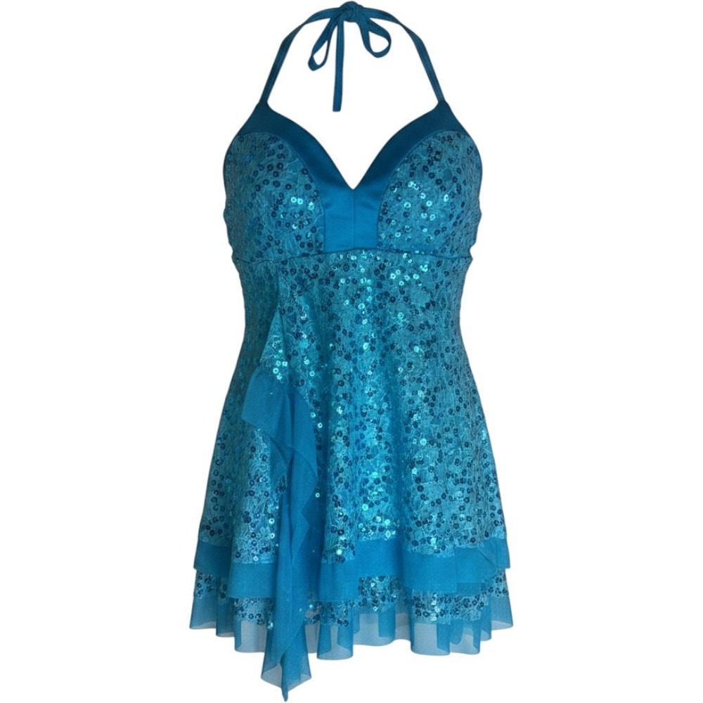 Kelle Turquoise Blue Sequin Lace Halter‎ Dance Costume Tiered Mesh Adult Medium